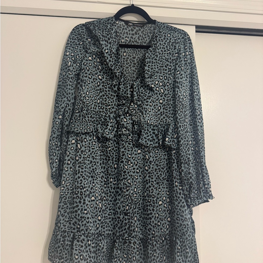 Zara Blue and Black Ruffled Tiered Mini Dress